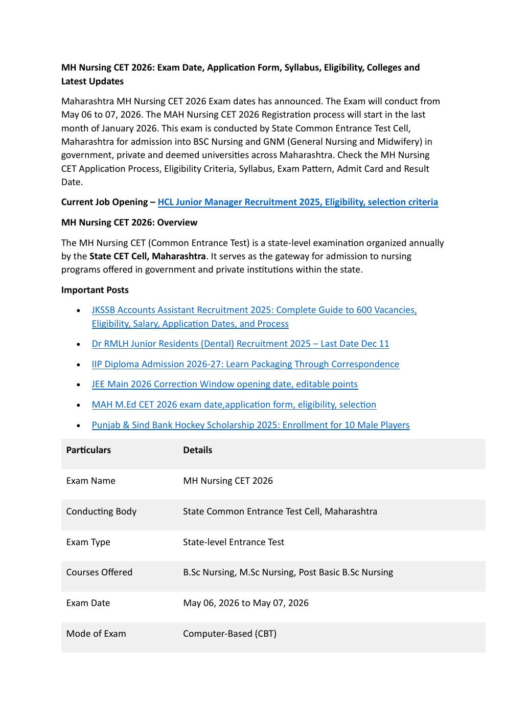MH Nursing CET 2026
